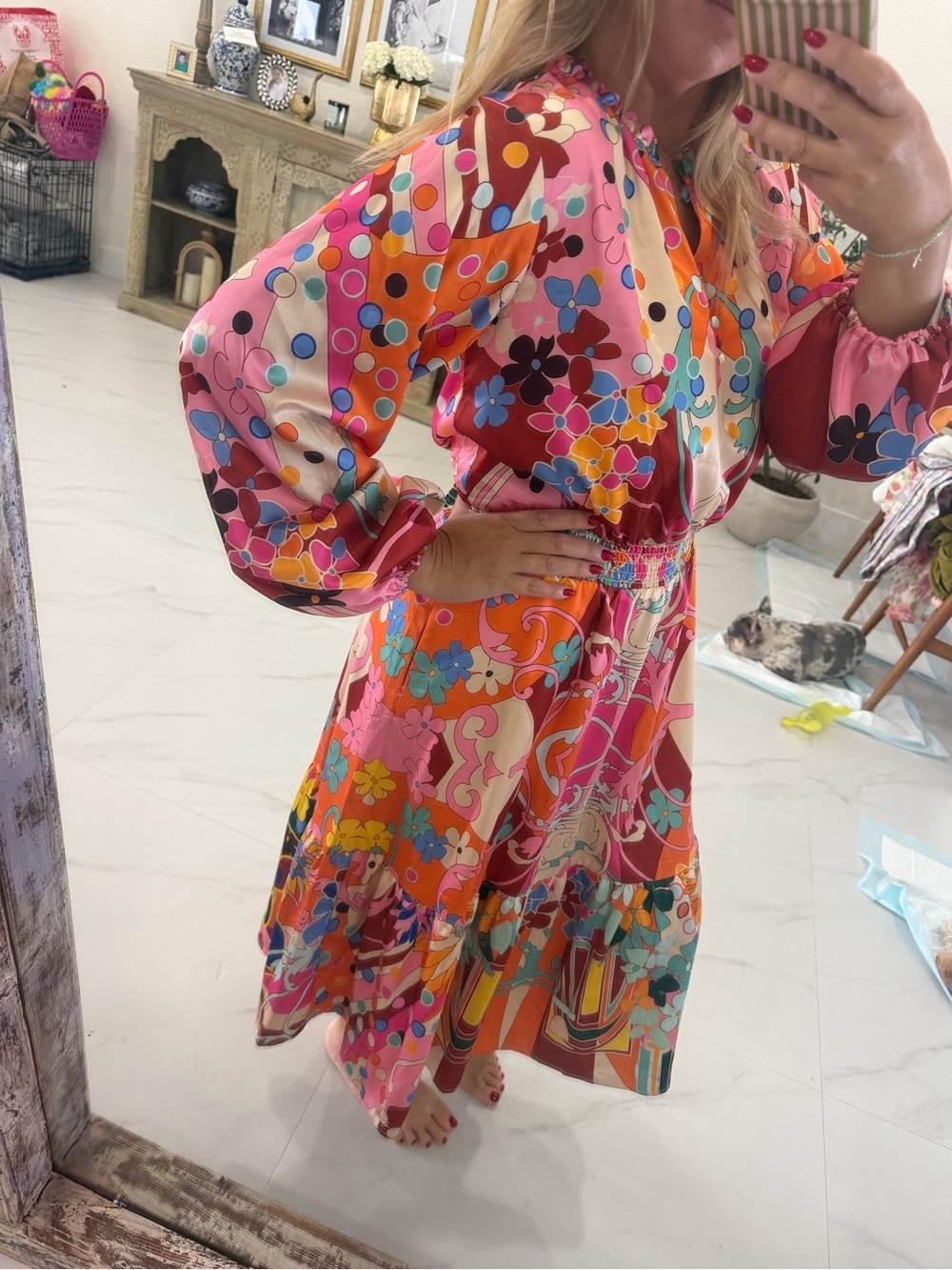 Mid-Length Pink Multi-Color Floral & Geometric Midi Dress